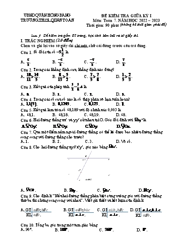 Đề kiểm tra giữa kỳ I môn Toán Lớp 7 - Năm học 2022-2023 - Trường THCS Quán Toan (Có đáp án)