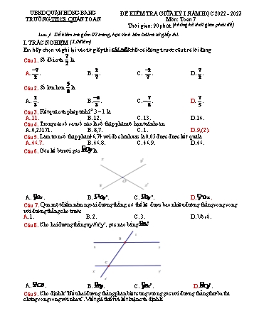 Đề kiểm tra giữa kỳ I môn Toán Lớp 7 - Năm học 2022-2023 - Vũ Hữu Hưng (Có đáp án)