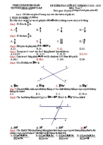 Đề kiểm tra giữa kỳ I môn Toán Lớp 7 - Năm học 2022-2023 - Vũ Thúy Quỳnh (Có đáp án)
