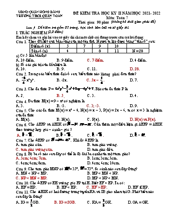 Đề kiểm tra học kỳ II môn Toán Lớp 7 - Năm học 2021-2022 - Trường THCS Quán Toan (Có đáp án)