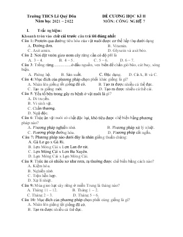 Đề cương ôn tập học kì II môn Công nghệ Lớp 7 - Năm học 2021-2022 - Trường THCS Lê Quý Đôn