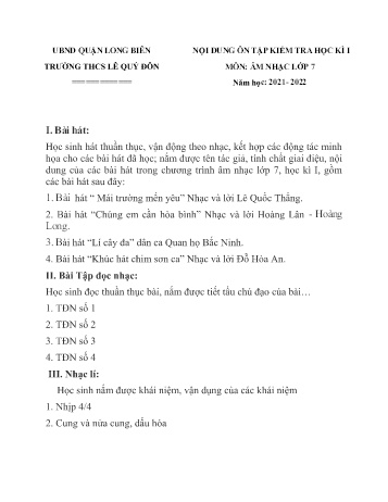 Đề cương ôn tập kiểm tra học kì I môn Âm nhạc Lớp 7 - Năm học 2021-2022 - Trường THCS Lê Quý Đôn