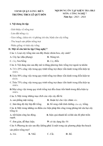 Đề cương ôn tập kiểm tra học kì I môn Công nghệ Lớp 7 - Năm học 2023-2024 - Lê Thị Lan Anh