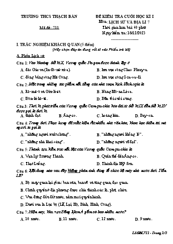 Đề kiểm tra cuối học kì I môn Lịch sử và Địa lí Lớp 7 - Năm học 2023-2024 - Nguyễn Thị Hà Lan (Có đáp án)