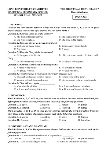 Đề kiểm tra cuối học kì II môn Tiếng Anh Lớp 7 - Năm học 2022-2023 - Trường THCS Lê Quý Đôn - Mã đề 701