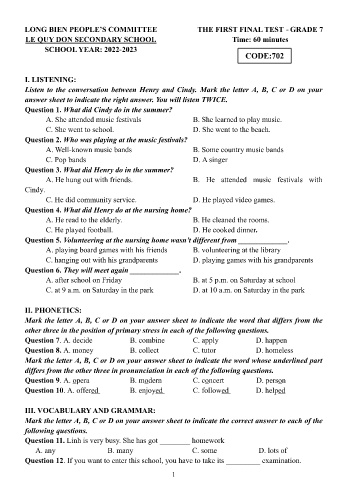Đề kiểm tra cuối học kì II môn Tiếng Anh Lớp 7 - Năm học 2022-2023 - Trường THCS Lê Quý Đôn - Mã đề 702
