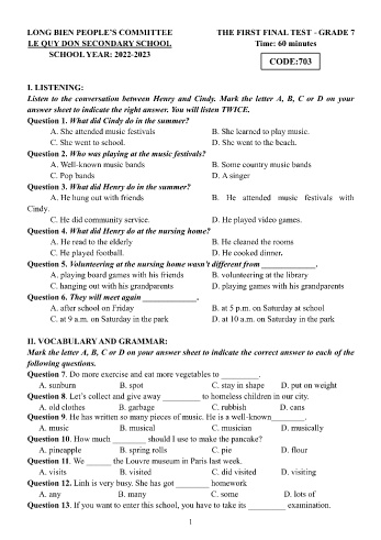 Đề kiểm tra cuối học kì II môn Tiếng Anh Lớp 7 - Năm học 2022-2023 - Trường THCS Lê Quý Đôn - Mã đề 703