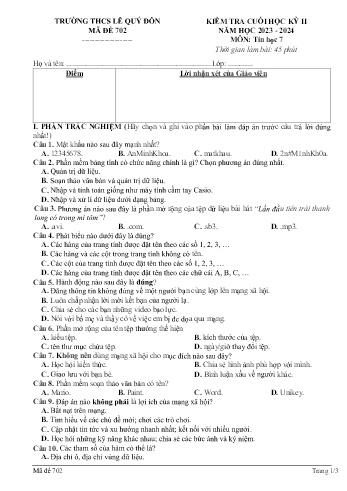 Đề kiểm tra cuối học kỳ II môn Tin học Lớp 7 - Năm học 2023-2024 - Trường THCS Lê Quý Đôn - Mã đề 702