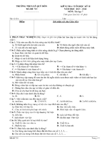 Đề kiểm tra cuối học kỳ II môn Tin học Lớp 7 - Năm học 2023-2024 - Trường THCS Lê Quý Đôn - Mã đề 703
