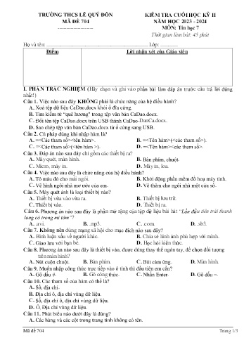Đề kiểm tra cuối học kỳ II môn Tin học Lớp 7 - Năm học 2023-2024 - Trường THCS Lê Quý Đôn - Mã đề 704