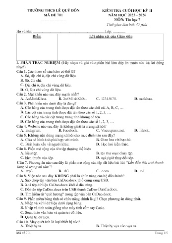 Đề kiểm tra cuối học kỳ II môn Tin học Lớp 7 - Năm học 2023-2024 - Trường THCS Lê Quý Đôn - Mã đề 701