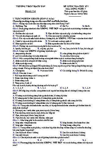 Đề kiểm tra cuối kì I môn Công nghệ Lớp 7 - Năm học 2022-2023 - Nguyễn Ngọc Ánh - Mã đề 714 (Có đáp án)