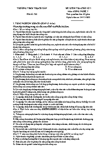 Đề kiểm tra cuối kì I môn môn Công nghệ Lớp 7 - Năm học 2022-2023 - Nguyễn Ngọc Ánh - Mã đề 702 (Có đáp án)