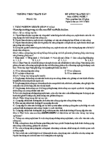 Đề kiểm tra cuối kì I môn môn Công nghệ Lớp 7 - Năm học 2022-2023 - Nguyễn Ngọc Ánh - Mã đề 701 (Có đáp án)
