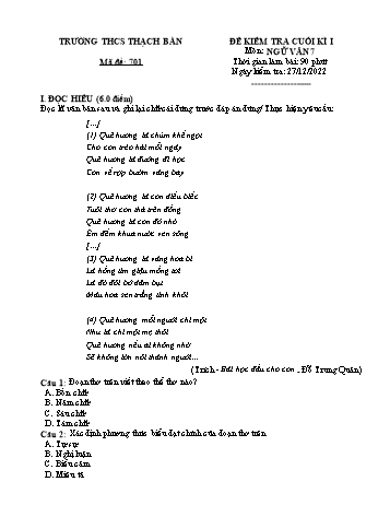 Đề kiểm tra cuối kì I môn Ngữ văn Lớp 7 - Năm học 2022-2023 - Bùi Bích Phương (Có đáp án)