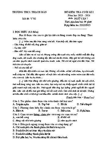 Đề kiểm tra cuối kì I môn Ngữ văn Lớp 7 - Năm học 2023-2024 - Nguyễn Thu Phương (Có đáp án)