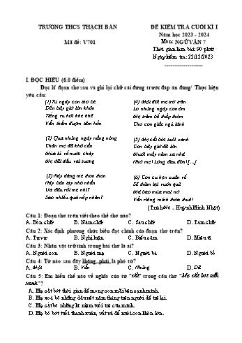 Đề kiểm tra cuối kì I môn Ngữ văn Lớp 7 - Năm học 2023-2024 - Ngô Thanh Hường (Có đáp án)