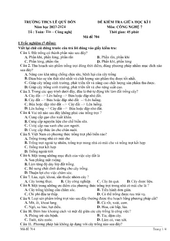 Đề kiểm tra giữa học kì I môn Công nghệ Lớp 7 (Chân trời sáng tạo) - Năm học 2023-2024 - Trường THCS Lê Quý Đôn - Mã đề 704