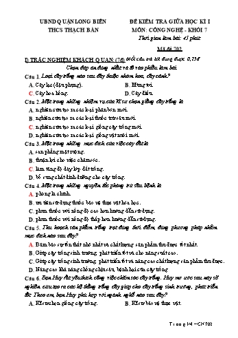 Đề kiểm tra giữa học kì I môn Công nghệ Lớp 7 (Chân trời sáng tạo) - Năm học 2023-2024 - Hoàng Hà My - Mã đề 702 (Có đáp án)