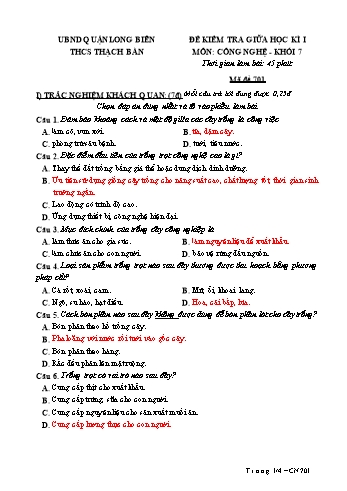 Đề kiểm tra giữa học kì I môn Công nghệ Lớp 7 (Chân trời sáng tạo) - Năm học 2023-2024 - Hoàng Hà My - Mã đề 701 (Có đáp án)