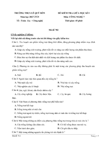 Đề kiểm tra giữa học kì I môn Công nghệ Lớp 7 (Chân trời sáng tạo) - Năm học 2023-2024 - Trường THCS Lê Quý Đôn - Mã đề 702