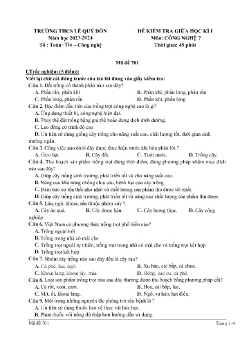 Đề kiểm tra giữa học kì I môn Công nghệ Lớp 7 (Chân trời sáng tạo) - Năm học 2023-2024 - Trường THCS Lê Quý Đôn - Mã đề 701