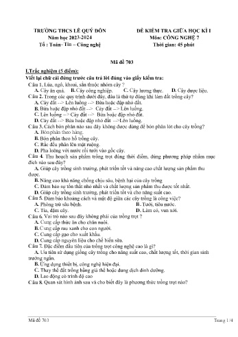 Đề kiểm tra giữa học kì I môn Công nghệ Lớp 7 (Chân trời sáng tạo) - Năm học 2023-2024 - Trường THCS Lê Quý Đôn - Mã đề 703