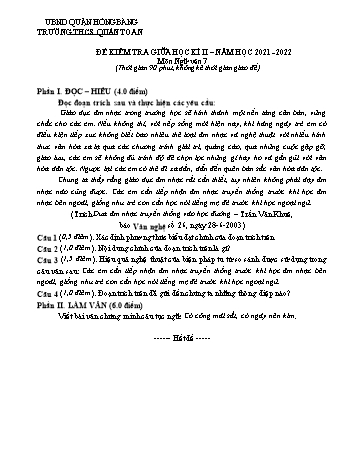 Đề kiểm tra giữa học kì II môn Ngữ văn Lớp 7 - Năm học 2021-2022 - Trường THCS Quán Toan (Có đáp án)