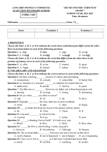 Đề kiểm tra giữa học kì II môn Tiếng Anh Lớp 7 - Năm học 2021-2022 - Trường THCS Lê Quý Đôn - Mã đề 703