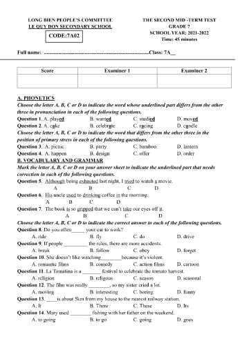 Đề kiểm tra giữa học kì II môn Tiếng Anh Lớp 7 - Năm học 2021-2022 - Trường THCS Lê Quý Đôn - Mã đề 702