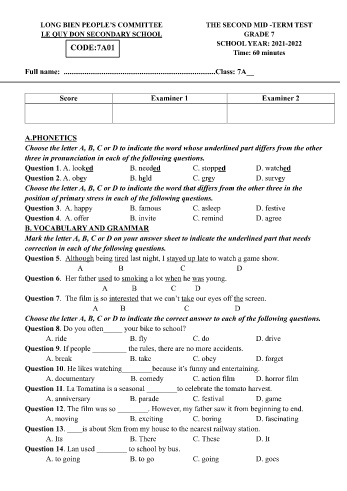 Đề kiểm tra giữa học kì II môn Tiếng Anh Lớp 7 - Năm học 2021-2022 - Trường THCS Lê Quý Đôn - Mã đề 701