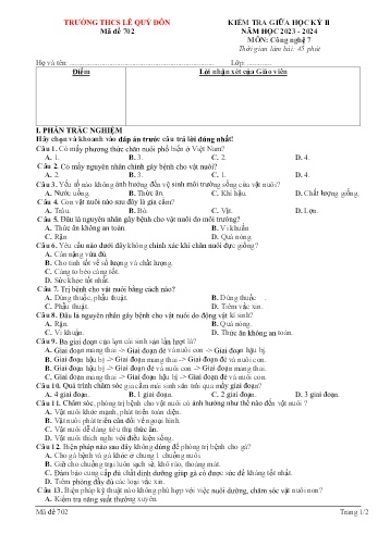 Đề kiểm tra giữa học kỳ II môn Công nghệ Lớp 7 - Năm học 2023-2024 - Trường THCS Lê Quý Đôn - Mã đề 702
