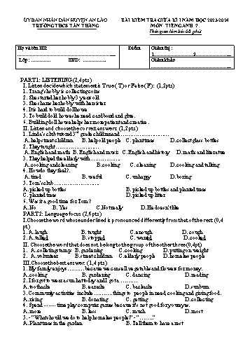 Đề kiểm tra giữa kì I môn Tiếng Anh Lớp 7 - Năm học 2023-2024 - Trường THCS Tân Thắng (Có đáp án)