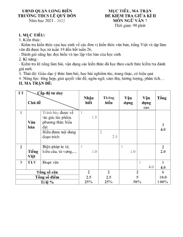 Đề kiểm tra giữa kì II môn Ngữ văn Lớp 7 - Năm học 2021-2022 - Trường THCS Lê Quý Đôn