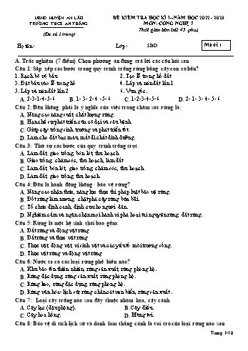 Đề kiểm tra học kì I môn Công nghệ Lớp 7 - Năm học 2022-2023 - Trường THCS An Thắng (Có đáp án)