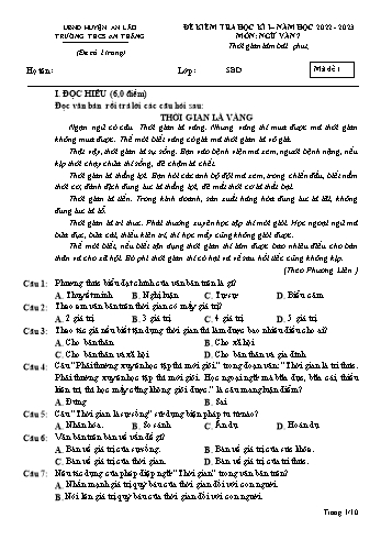 Đề kiểm tra học kì I môn Ngữ văn Lớp 7 - Năm học 2022-2023 - Trường THCS An Thắng (Có đáp án)