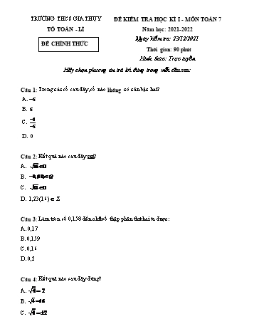Đề kiểm tra học kì I môn Toán Lớp 7 - Năm học 2021-2022 - Trần Thị Hải (Có đáp án)