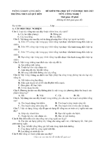 Đề kiểm tra học kỳ I môn Công nghệ Lớp 7 - Năm học 2022-2023 - Trường THCS Lê Quý Đôn