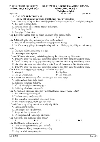 Đề kiểm tra học kỳ I môn Công nghệ Lớp 7 - Năm học 2023-2024 - Trường THCS Lê Quý Đôn - Mã đề 702
