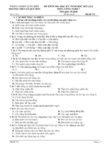 Đề kiểm tra học kỳ I môn Công nghệ Lớp 7 - Năm học 2023-2024 - Trường THCS Lê Quý Đôn - Mã đề 703
