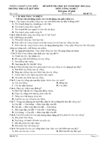 Đề kiểm tra học kỳ I môn Công nghệ Lớp 7 - Năm học 2023-2024 - Trường THCS Lê Quý Đôn - Mã đề 701