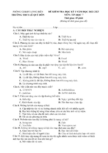 Đề kiểm tra học kỳ I môn Tin học Lớp 7 - Năm học 2022-2023 - Trường THCS Lê Quý Đôn