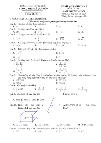 Đề kiểm tra học kỳ I môn Toán Lớp 7 - Năm học 2023-2024 - Trường THCS Lê Quý Đôn