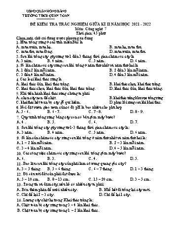 Đề kiểm tra trắc nghiệm giữa kì II môn Công nghệ Lớp 7 - Năm học 2021-2022 - Trường THCS Quán Toan (Có đáp án)