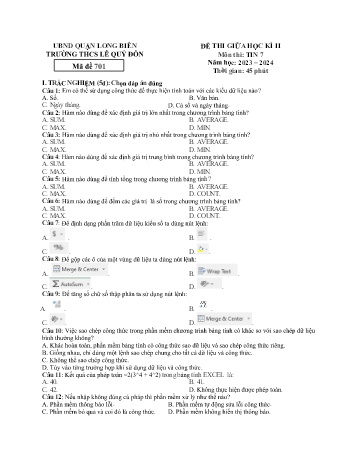 Đề thi giữa học kì II môn Tin học Lớp 7 - Năm học 2023-2024 - Trường THCS Lê Quý Đôn - Mã đề 701