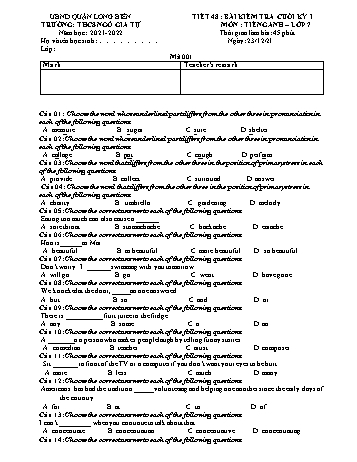 Bài kiểm tra cuối kỳ I môn Tiếng Anh Lớp 7 - Năm học 2021-2022 - Trường THCS Ngô Gia Tự