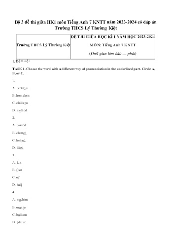 Bộ 3 đề thi giữa học kì 1 môn Tiếng Anh Lớp 7 (Kết nối tri thức và cuộc sống) - Năm học 2023-2024 - Trường THCS Lý Thường Kiệt (Có đáp án)