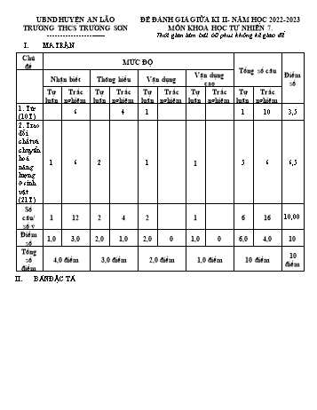 Đề đánh giá giữa kì II môn Khoa học tự nhiên Lớp 7 - Năm học 2022-2023 - Trường THCS Trường Sơn (Có đáp án)