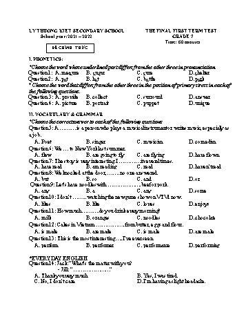 Đề kiểm tra cuối học kì I môn Tiếng Anh Lớp 7 - Năm học 2021-2022 - Trường THCS Lý Thường Kiệt (Có đáp án)