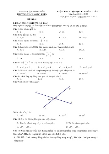 Đề kiểm tra cuối học kì I môn Toán Lớp 7 - Năm học 2022-2023 - Trường THCS Ngọc Thụy